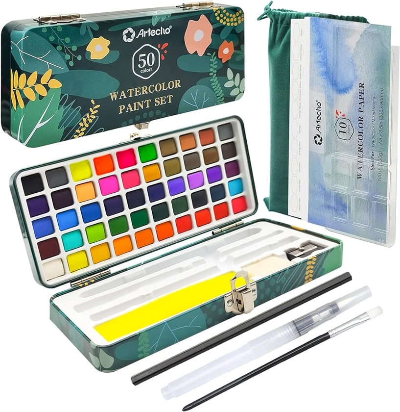 Artecho Aquarelle Set 50 couleurs dans une boîte portable, y compris 4 fluorescents, aquarelles avec papier aquarelle, pinceaux et autres outils de dessin