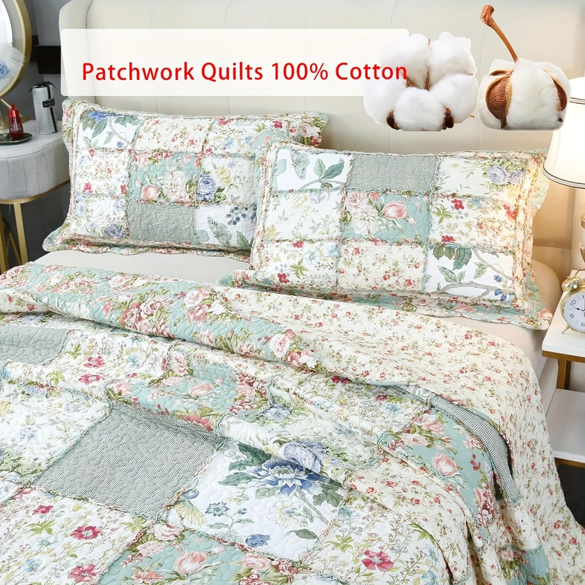 3pcs 100% Cotton Bedspread Set (1 Bedspread + 2 Pillowcases, Without Core) - Soft And Warm Rustic Style Floral Plaid * Coverlet Perfect For Hotel Bedroom And Guest Room Decor
