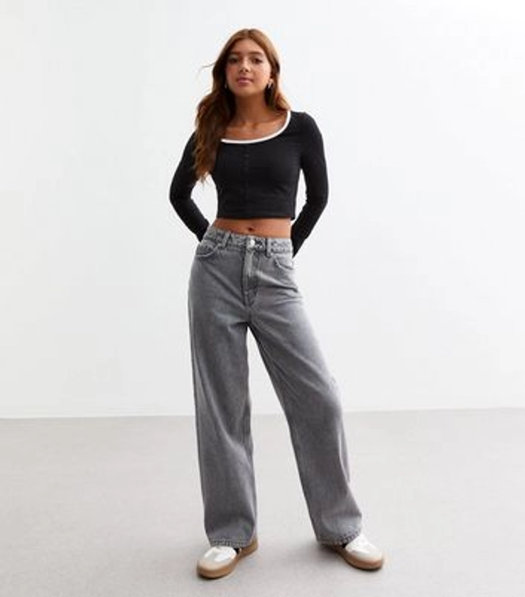 Girls Dark Grey Wide Leg Jeans