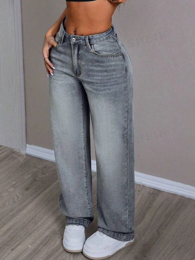 SHEIN PETITE Women Straight Loose Casual Pocketed Jeans, Versatile Wear