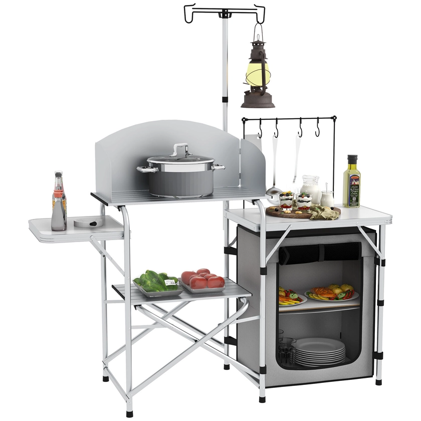 Outsunny Camping Kitchen with Cupboard Folding Camping Table with Carrying Bag