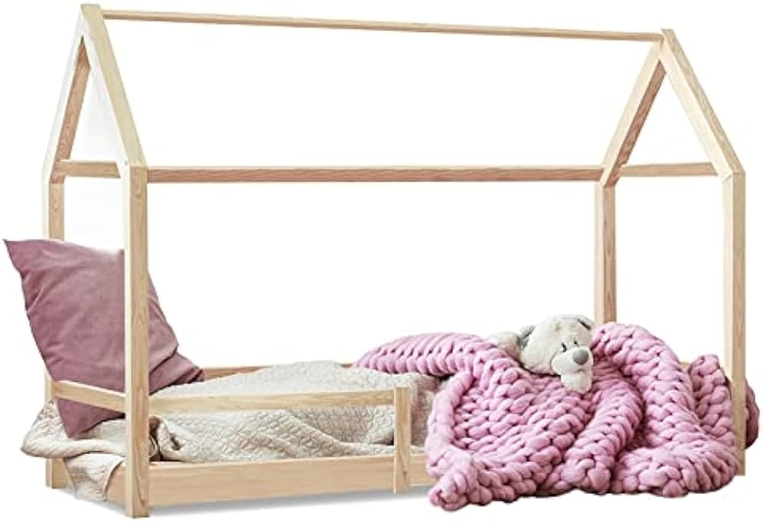 IDMarket - Lit cabane Enfant 90 x 190 CM Nessi Bois avec sommier et barrières