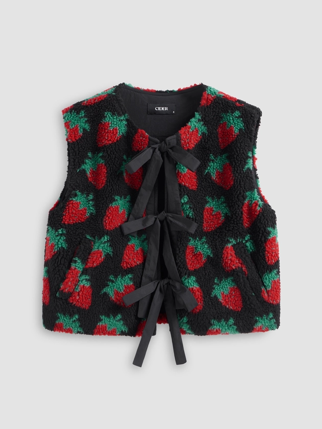 Fleece Fleece Round Neckline Strawberry Tie Front Bowknot Vest For School