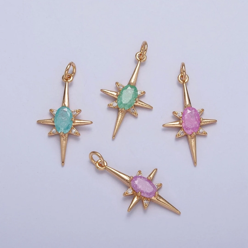 16K Gold Filled CZ Stones Pastel 8-pointed North Star Cubic Zirconia Pendant Gold Filled CZ Drop Charm Charm X-264X-267 - Etsy