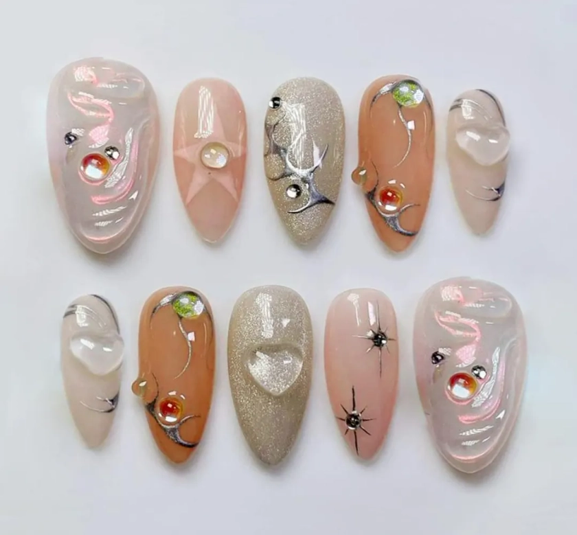 Handmade Pastel Y2k Style 3D Gel Faux Acrylic Nails Art, Baby Short Almond Press On Nails, Custom Nails, Fake Nails, Event/Birthday Nails