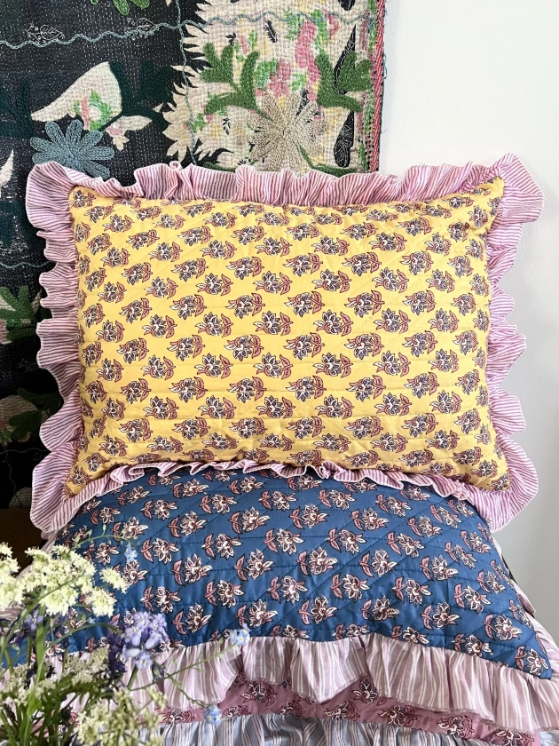 Housse de coussin matelassée à volants imprimée block print - 50 x 35 