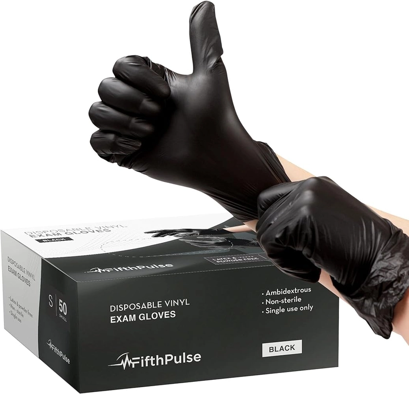 FifthPulse Black Vinyl Disposable Gloves - Powder and Latex Free Medical Exam Gloves