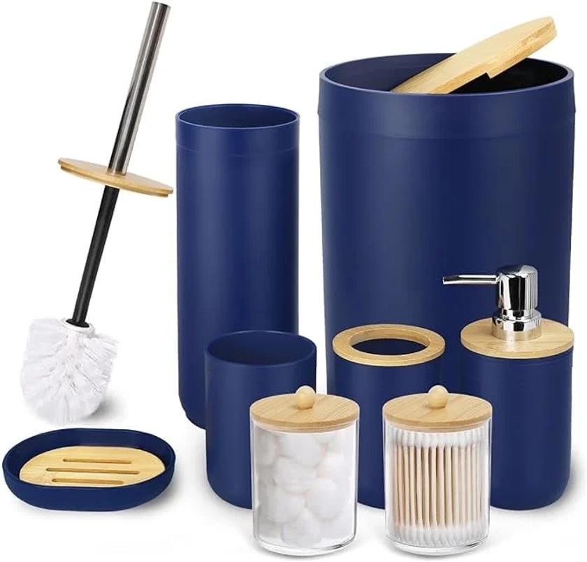 CERBIOR 9 PCS Bamboo Bathroom Accessories Sets with Trash Can, Soap Dispenser, Soap Dish, Toothbrush Holder, Toothbrush Cup, Toilet Brush and Qtip Holders,Navy Blue