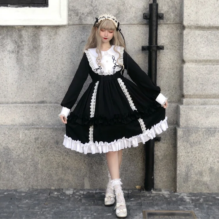 Vestido de fiesta de té de Lolita para niña, ropa de estilo japonés de manga larga, vestido de Lolita con lazo, carrusel de lolita, disfraz de sirvienta - AliExpress