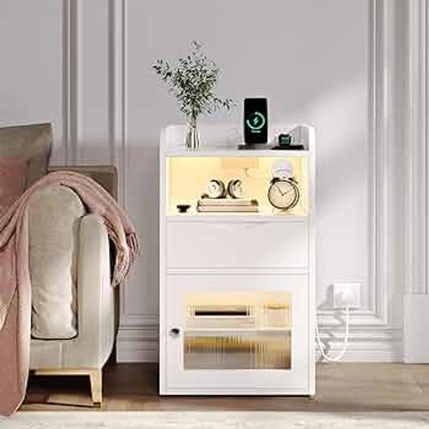 YITAHOME White Bedside Table with Charging Station,Bedside Cabinet with LED Lights,1 AC Outlets, 2 USB Ports,Nightstand Side Table End Table Sofa Table with Drawer for Bedroom Living Room