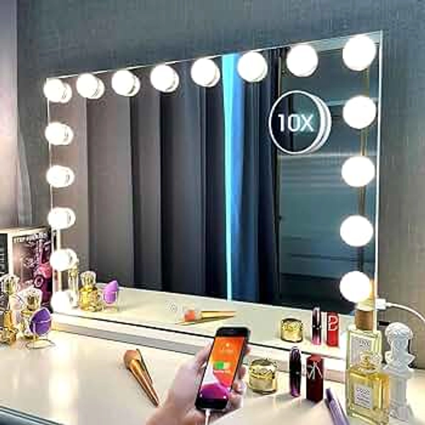 Kottova Vanity Mirror with Lights-Large Makeup Mirror, 27.6" x21.6'' Hollywood Lighted Mirror with 18 LED,3 Color Modes,Touch Control, USB Charger Port.Detachable 10X Spot Mirror, Metal Frame
