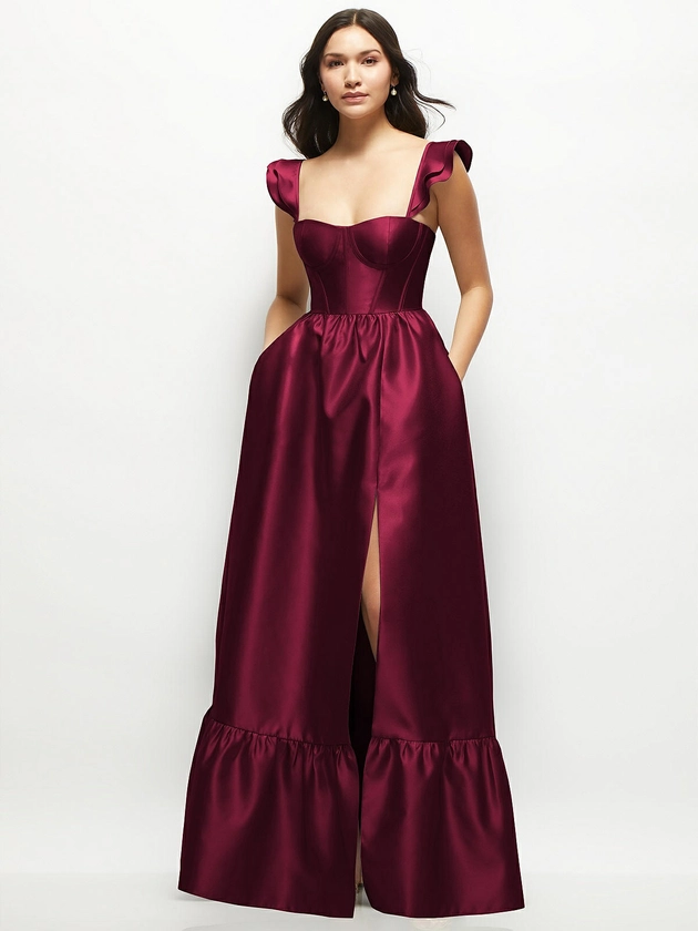 Satin Corset Maxi Dress with Ruffle Straps & Skirt