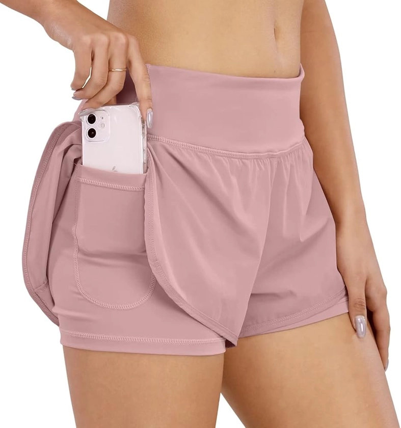 COTOP Short de Course pour Femmes, 2 en 1 Short de Sport pour Femmes avec Poche, Taille Haute Short à séchage Rapide pour Femmes pour Fitness, Jogging, Gymnase et l'entraînement