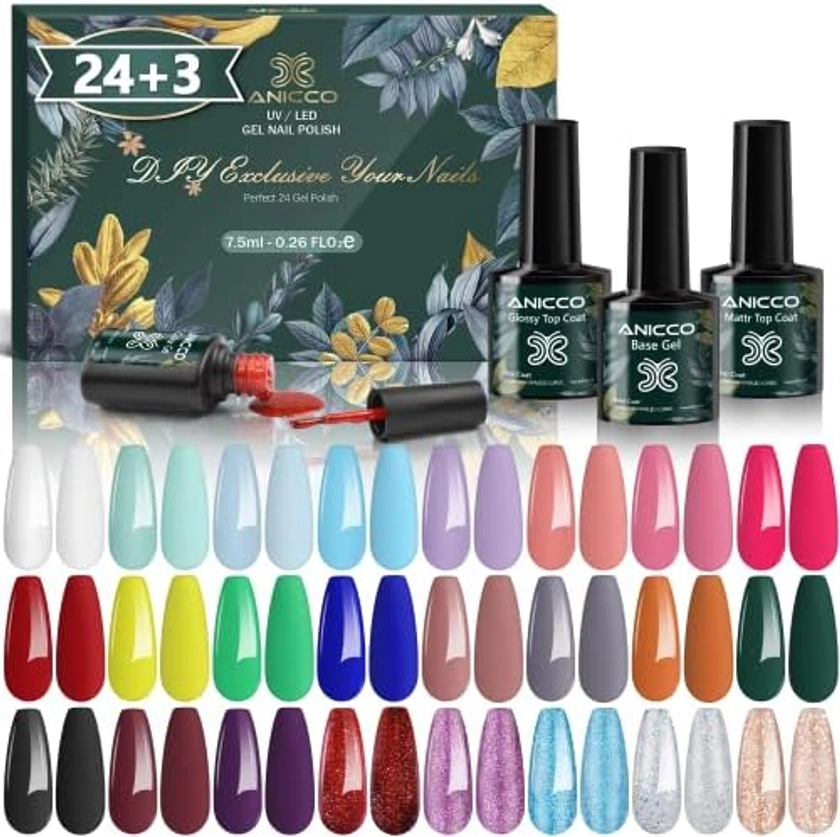 Anicco Vernis Semi Permanent - 27 pcs Lot Vernis à Ongles Nail Gel UV LED Manucure Nail Polish Soak Off 24 Couleurs Populaire Avec Base et Matt Top Coat, 7.5ml : Amazon.fr: Beauté et Parfum