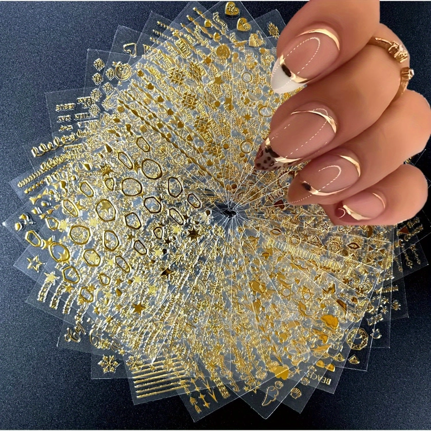 30 Sheets Golden Nail Art Stickers 3D Self-Adhesive Nail Decals Golden Line Star Nail Stickers For Acrylic Nails Golden Leaf Nail Supplies For Women