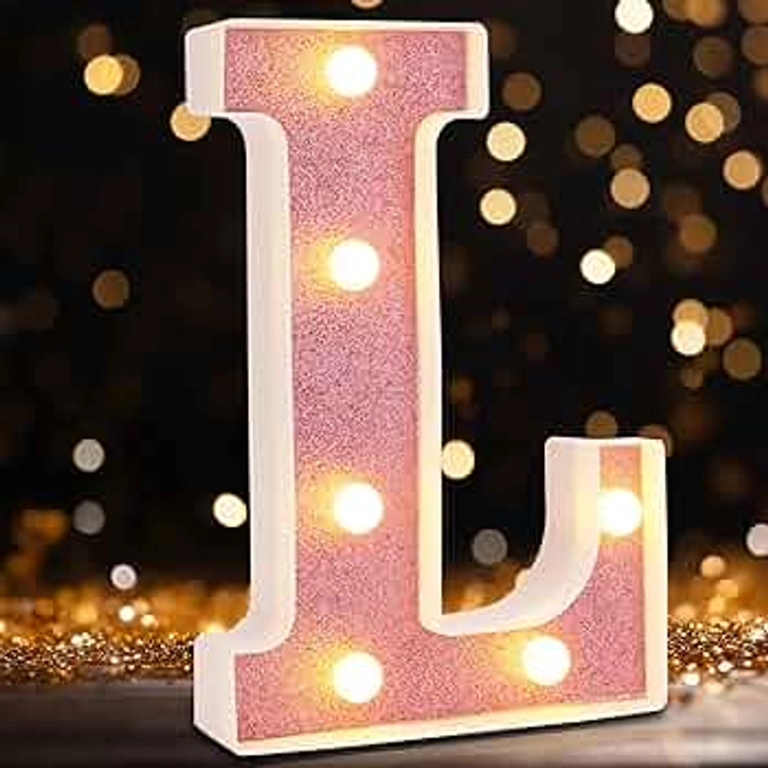 Led Light Up Letters, Pink Marquee LED Letter Lights 26 Alphabet, Small Pink Lighted Letters, Battery Powered Glitter Letters with Lights for Party, Table, Wall Decor（Letter L)