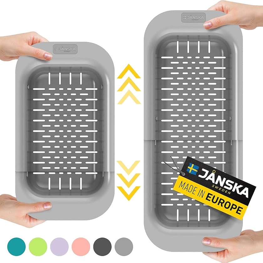Amazon.com: Janska 3-in-1 Adjustable Over The Sink Colander, 30% Heavier Duty, Sink Strainer, Rinse - Drain - Dry, European Made, Non BPA, Extendable, Heat Resistant (7.8" W x 13.5-19.3" L x 3.3" H), Light Grey: Home & Kitchen