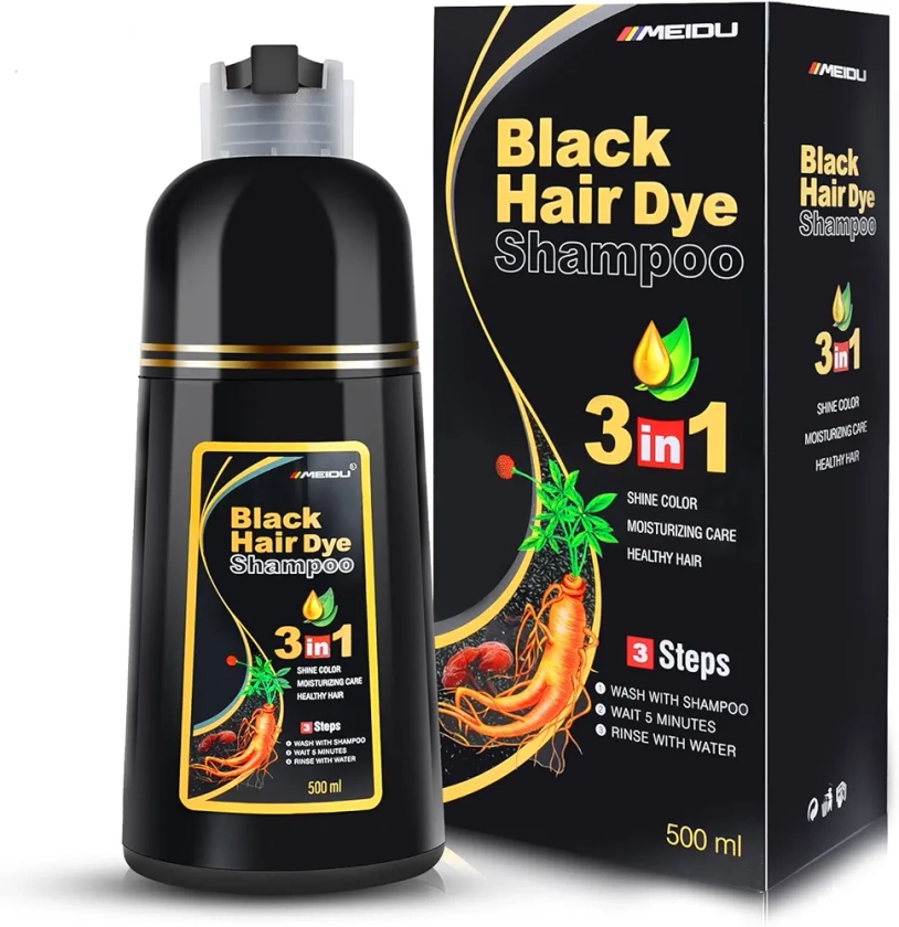 Hair Dye Shampoo for Gray Hair, 3 in 1 Herbal Ingredients Natural Shampoo Hair Dye for Women Men, Grey Coverage Shampoo 500ml (BlACK)