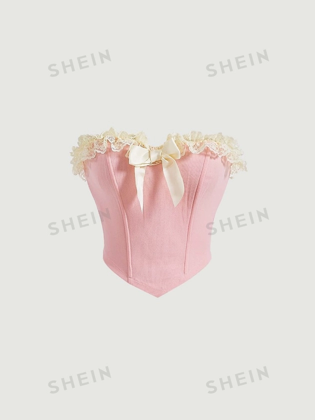 SHEIN MOD Romantic Pink Corset Date Night Top Bow Front Ruffle Trim Bandana Hem Crop Tube Top