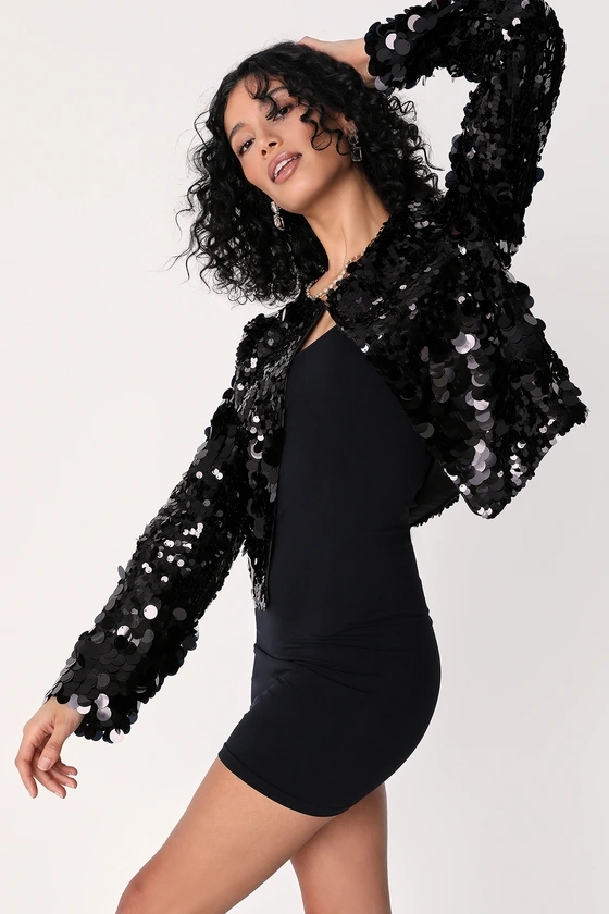 Sequin Again Black Sequin Cropped Shrug Jacket