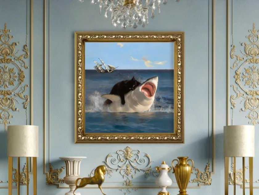 Fat Cat vs. Shark Meme in Renaissance Painting Style | Quirky Home Decor | Chonky Cat on Museum Quality Art Paper | Art & Cat Lover Gift