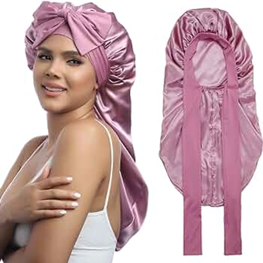 AWAYTR Long Satin Bonnet for Women - Double Layer Elastic Silk Bonnet for Braids Hair Sleeping Cap with Tie Band (Rose Gold)