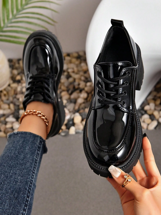 Women'S Fashion High Heel Thick Sole Patent Leather Lace-Up Single Shoes