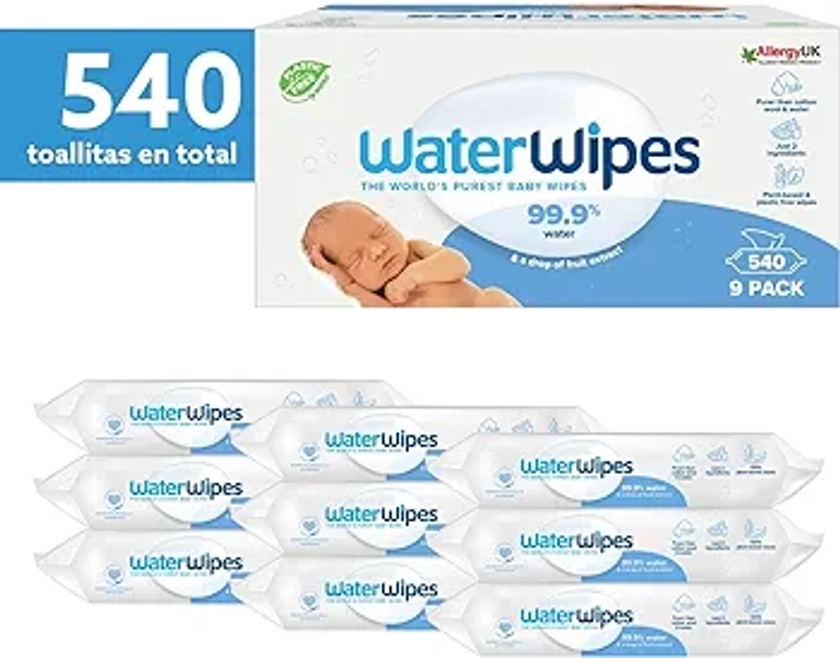 WaterWipes Toallitas húmedas Originales para Bebés, Sin Plástico, 540 unidades (Paquete de 9), 99,9% Base de Agua, y Sin Perfume para Pieles Sensibles