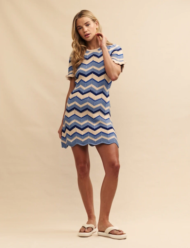 Blue Chevron Stripe Knit Mini Dress