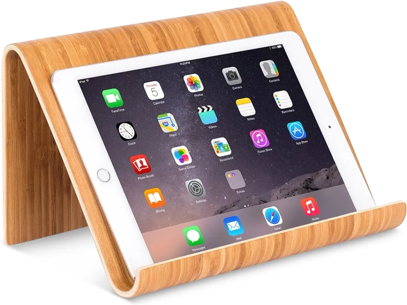 Bamboo Tablet Holder and Stand - Natural Wood - Works with iPad, Surface etc. - Cookbook Book E-Readers Smartphones - Kitchen Table Top - Wire Organizer