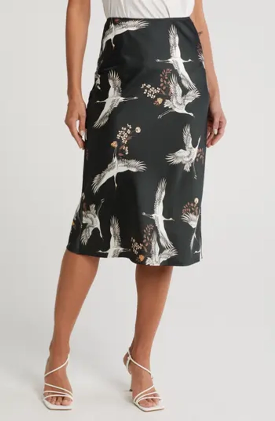 Crane Print Satin Midi Skirt