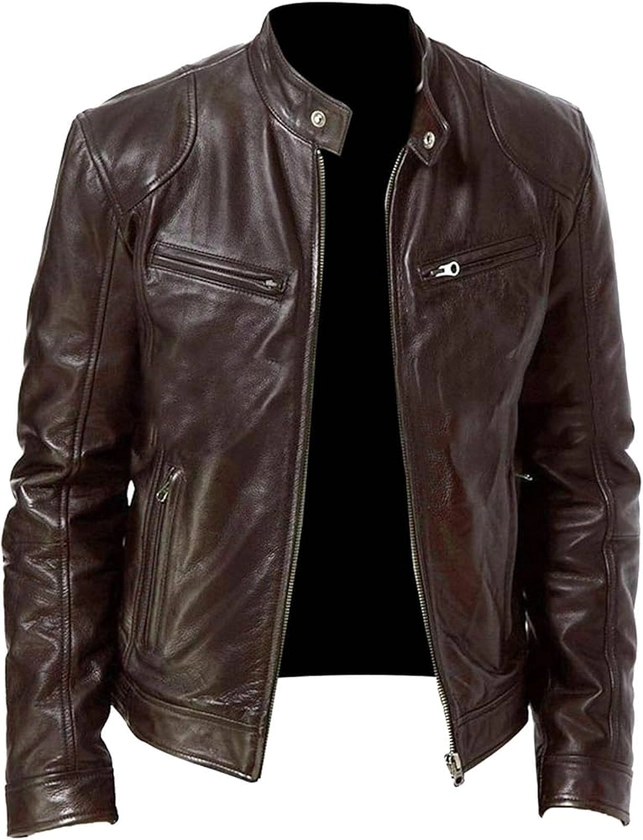 Men's Leather Biker Jacket - Vintage Leather Jacket Men Motorcycle - Stand Collar Distressed Leather Bomber Jacket Men