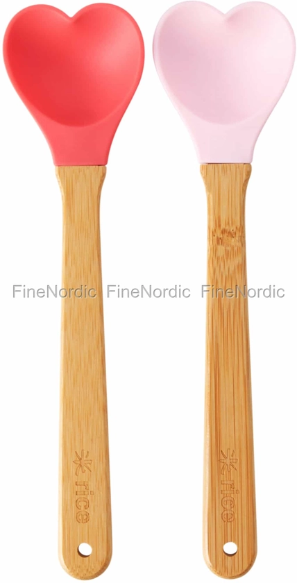 Rice Silicone Spoon - Mini Heart Shaped - Bamboo Handle - Set of 2 - Red and Pink
