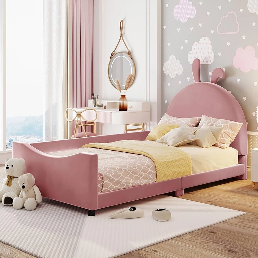 Stylish Twin Size Upholstered Daybed with Rabbit Ear Shaped Headboard,for Kids Toddlers Boys Girls Bedroom Use (Pink@Rabbit Ear, Twin)