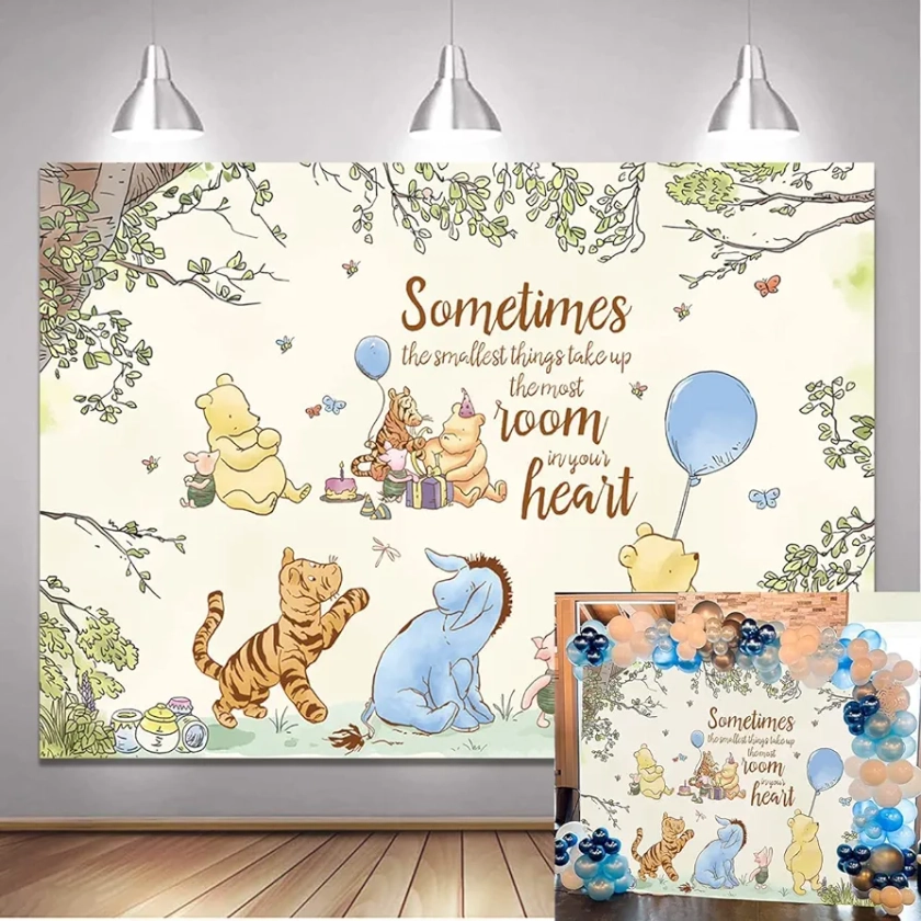 Classic Winnie Baby Shower Decorations for Boys Pooh and Friends Blue Balloon Spring Landscape Backdrop 7x5 ft Newborn Birthday Party Decor Banner for Cake Table 91