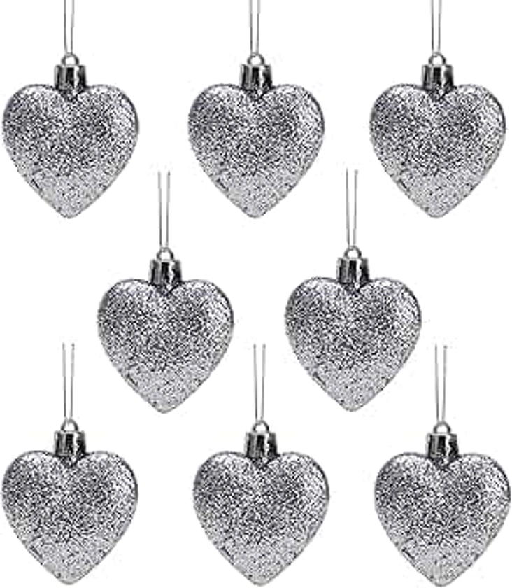 Christmas Concepts® Pack of 8-60mm Heart Shaped Christmas Tree Baubles – Glitter Decorated Baubles (Graphite)