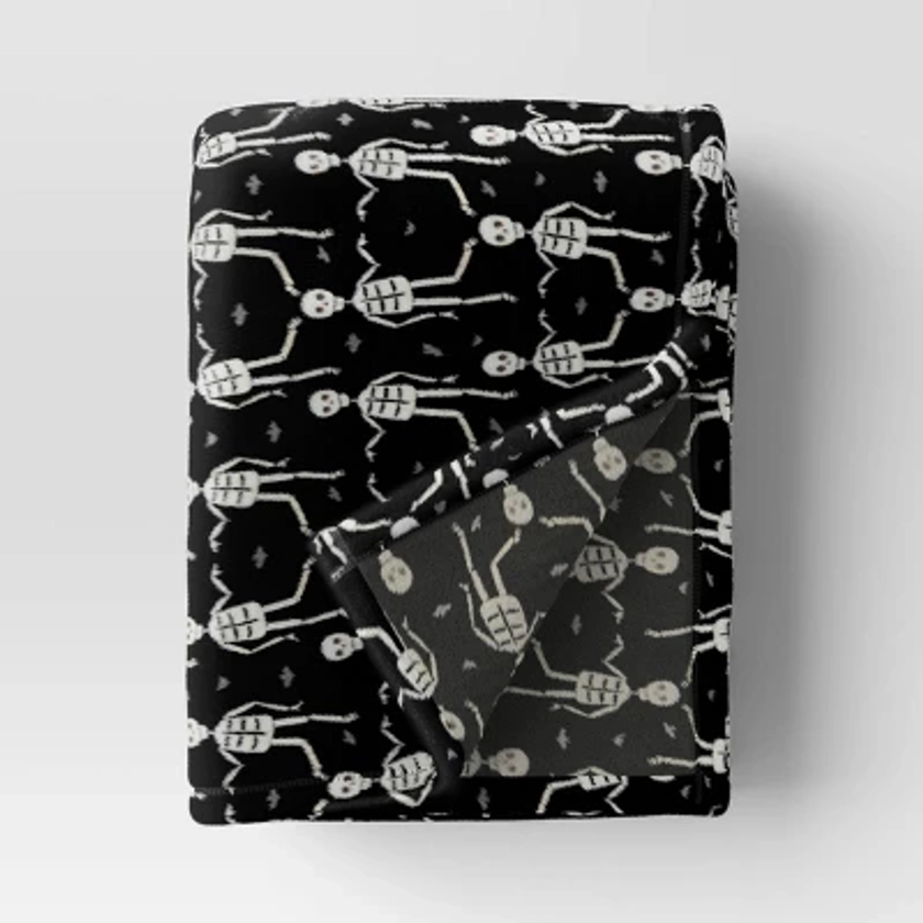 Halloween Printed Skeleton Throw Blanket Black/Ivory - Hyde & EEK! Boutique™: Recycled Polyester, Knitted, 50x60", Machine Washable