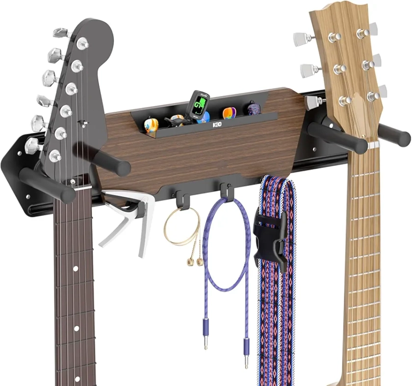 KDD Guitar Wall Mount with 4 Removable Rubber Hangers - Double Guitar Wall Hangers with Shelf and 4 Hooks - Wooden Guitar Rack for Electric & Acoustic Guitar, Bass, Ukulele, Guitar Accessories