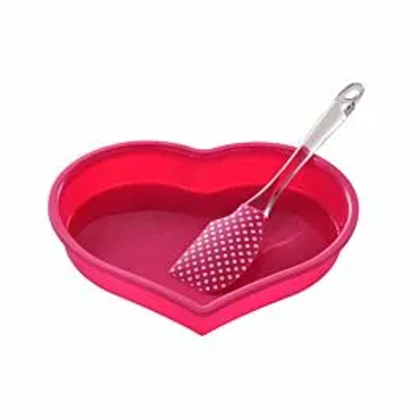 Interiors by PH Heart Baking Set with Hot Pink Silicone Mould and Pink & White Dot Silicone Spatula