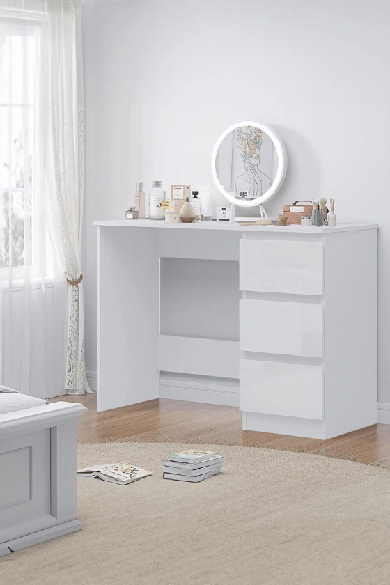 Dressing Tables | FWStyle High Gloss White Dressing Table Desk With 3 Large Drawers | FWStyle