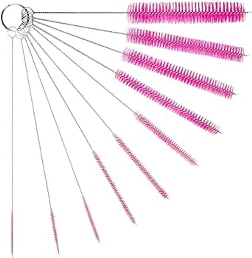 Professional Tube Cleaning Brush Set, Pink, 10 Pc. Kit, Long Deep Cleaning Brushes with Flexible Handles for Bottles, Straws, Pipes, Glass, Guns, and Detailing, Heavy Duty 8” Length