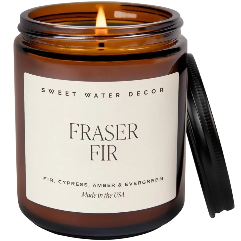 Sweet Water Decor Fraser Fir Candle | Evergreen, Balsam, Cedar, Pine, Winter Holiday Scented Soy Candles for Home | 9oz Amber Jar, 40 Hour Burn Time, Made in the USA