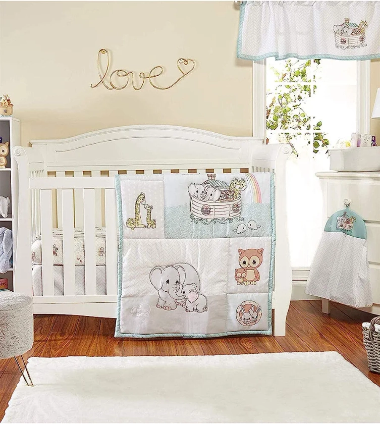 EVERYDAY KIDS Precious Moments Noah’s Ark 4 Pc Crib Bedding for Boys Nursery Set includes Baby Bed Quilt, Fitted Sheet, Dust Ruffle and Diaper Stacker with Sweet Images of Elephants and Giraffes