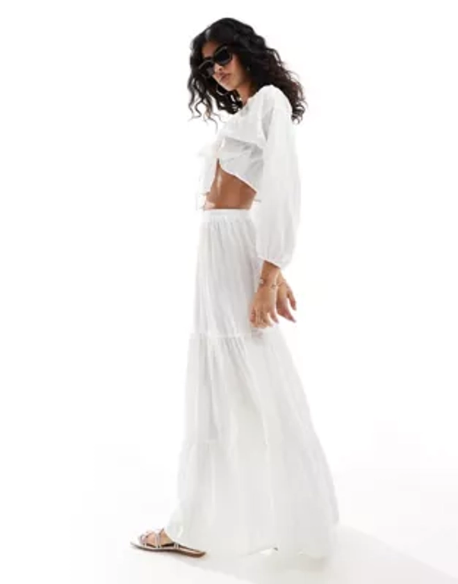 Esmee tiered maxi beach skirt co-ord in off white