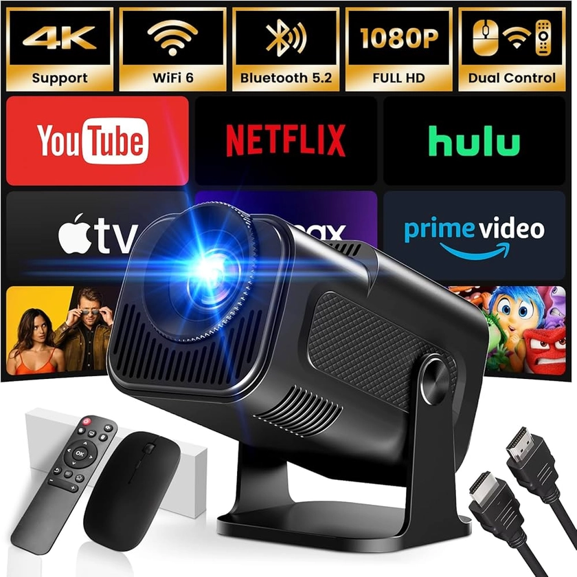 [App intégrée] 2024 Upgraded Vidéoprojecteur 1920 * 1080P FHD 4K Mini Projecteur Portable Dual Contrôle avec Souris Android TV WiFi 6 BT5.2 270° Rotation HDMI/TV Stick/USB/PS5, avec HDMI et Souris