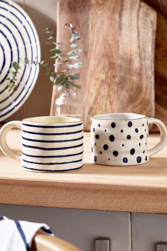 Set of 2 Navy Blue Spot and Stripe Mugs