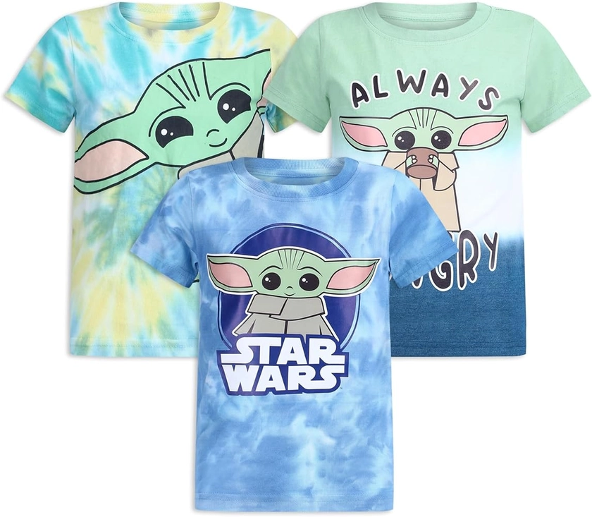 STAR WARS Baby Yoda Boys’ 3 Pack T-Shirts for Infant, Toddler and Little Kids – Blue/Green/White