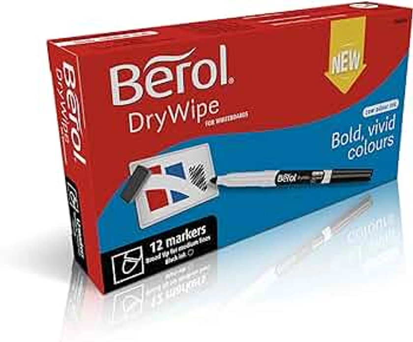 Berol Dry Wipe Whiteboard Marker Pens | Broad Tip | Black Low-Odour Ink | 12 Dry Erase Markers