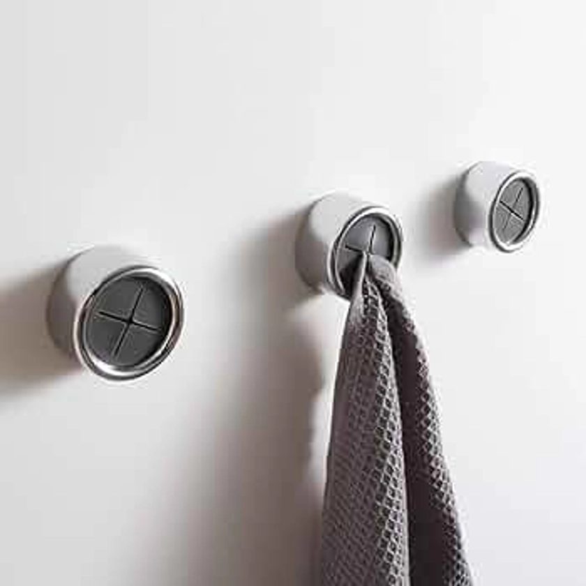 KAIYING Kitchen Towel Hooks Round Self Adhesive Dish Towel Holder Wall Mount Hand Towel Hook Tea Towel Rack Hanger for Cabinet Door (3 Pack, Chrome & Grey)