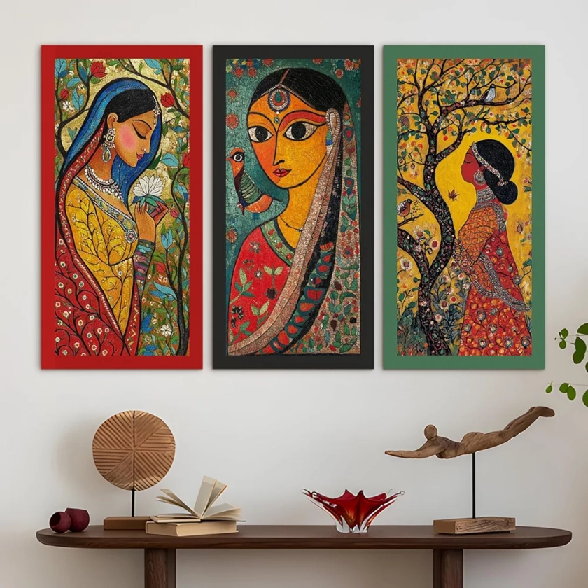 PAPER PLANE DESIGN Madhubani paintings for living room. Set of 3 canvas wrapped framed madhubani art for wall decor. 12 x 24 inch x 3 frames. (C) : Amazon.in: Home & Kitchen